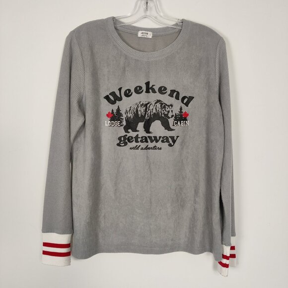 Ardene Women's Pajama Top Size L Waffle Knit Gray Black Bear Weekend Getaway - Picture 1 of 8